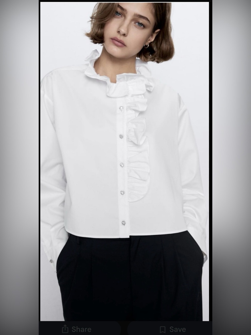 NWT ZARA WOMAN OYSTER WHITE RUFFLED SHIRT WITH GEM BUTTONS size Medium